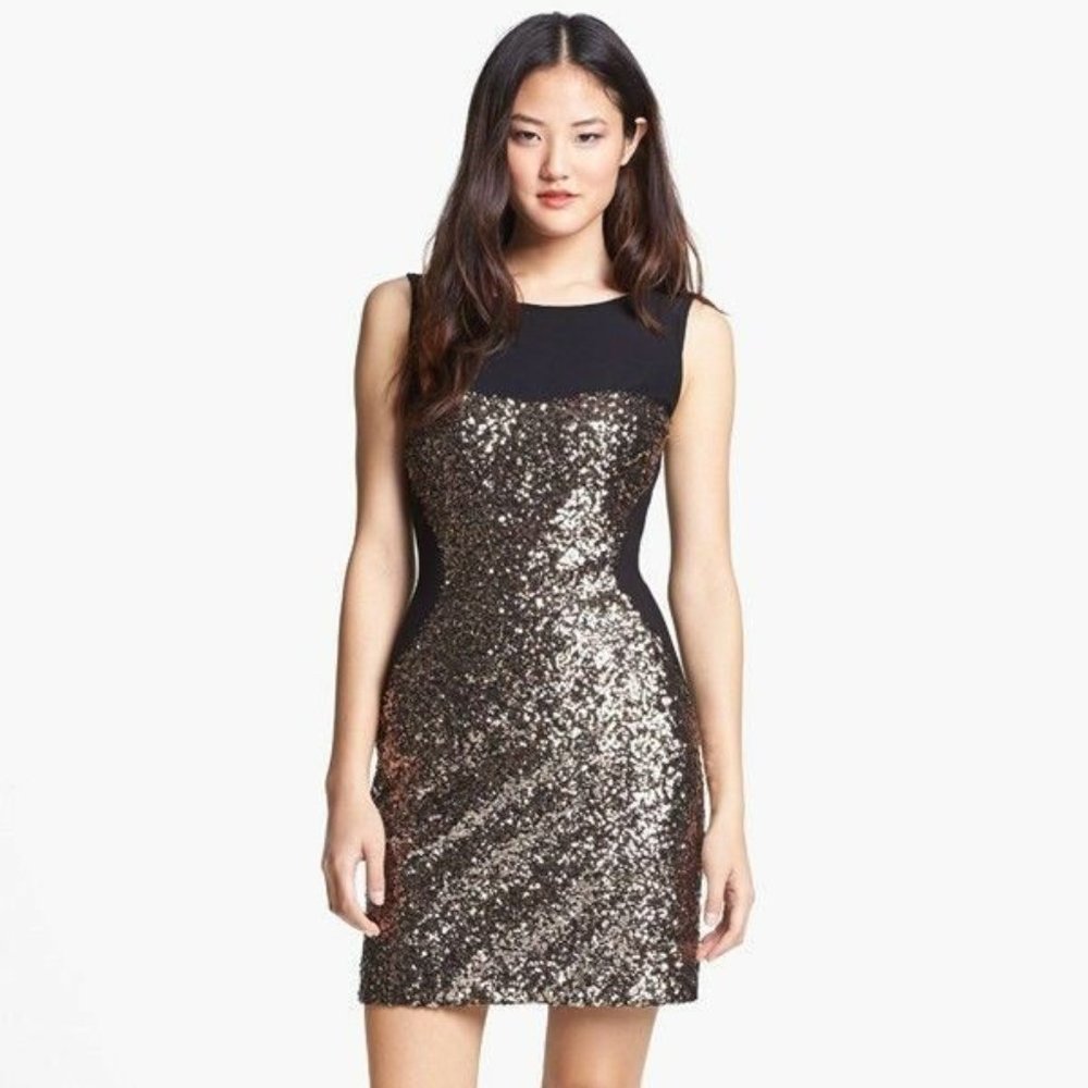 AIDAN MATTOX Illusion Sequin DRESS GOLD (NWT)